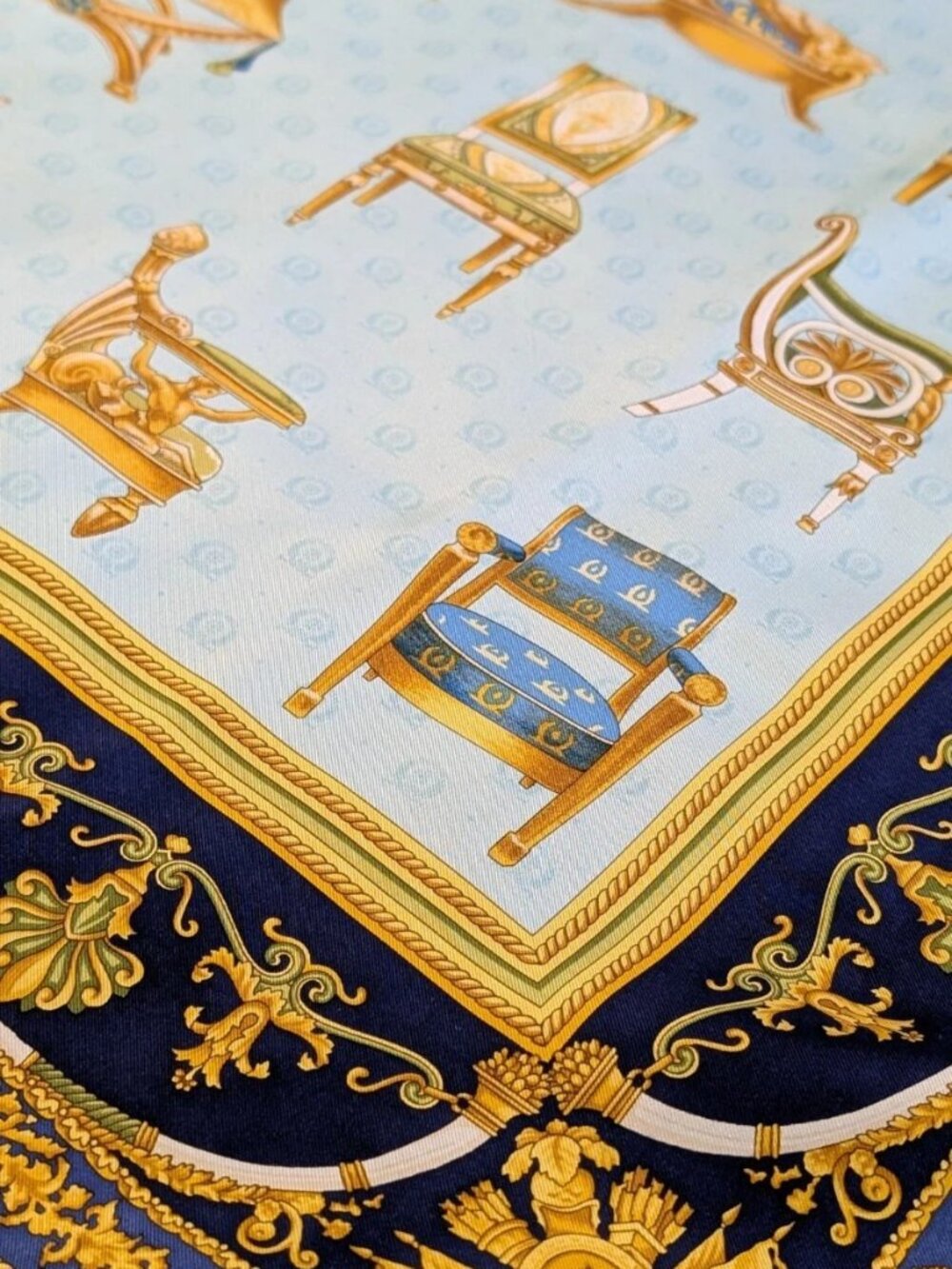 GUCCI Silk Scarf Chairs Print Gold Blue Green Botanical Rolled Edges 35" EUC - Picture 3 of 5
